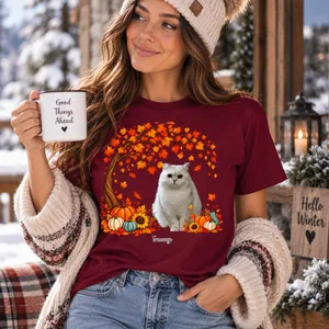 Custom Pet Photo Shirt Personalized Name Pumpkin and Autumn Tree Graphic Tee
