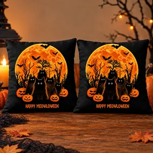 Happy Meowloween Pillow Custom Text Black Cat Halloween Throw Pillow Gift