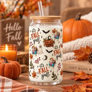 Personalized Transparent Glass Cup Custom Pet Photo – Fall Halloween Sloth Pumpkin Tumbler With Straw Gift