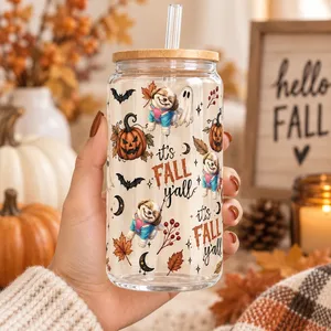 Personalized Transparent Glass Cup Custom Pet Photo – Fall Halloween Sloth Pumpkin Tumbler With Straw Gift