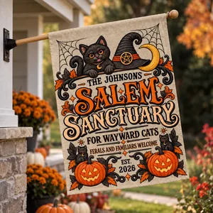 Personalized Halloween Welcome Flag Custom Family Name and Year, Salem Sanctuary Cat Garden Flag, Black Cat Pumpkin Witch Decor, Spooky Yard Gift
