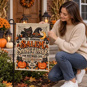 Personalized Halloween Welcome Flag Custom Family Name and Year, Salem Sanctuary Cat Garden Flag, Black Cat Pumpkin Witch Decor, Spooky Yard Gift