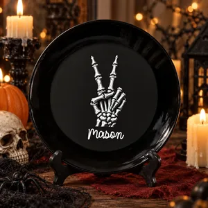 Personalized Halloween Plate Custom Name, Black Cat Moon Decor, Crescent Moon Witchy Plate, Gothic Cat Halloween Gift