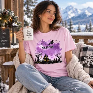 Custom Name Halloween Shirt Choose Background Haunted Castle Witch Spooky Season Tee