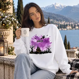 Custom Name Halloween Sweatshirt Choose Background Haunted Castle Spooky Season Sweater