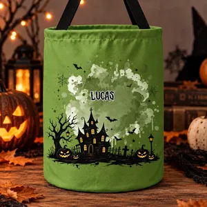 Custom Name Halloween Candy Bag Choose Background Haunted Castle Trick or Treat Tote