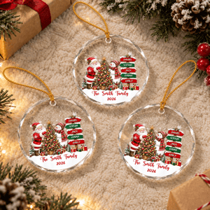 Personalized Glass Christmas Ornament Custom Family Name – Santa Snowman Christmas Tree Family Keepsake Gift