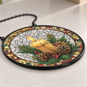 Personalized Round Stained Glass Suncatcher – Christmas Candle Pinecone Evergreen Window Hanging Home Decor Gift