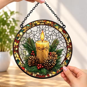 Personalized Round Stained Glass Suncatcher – Christmas Candle Pinecone Evergreen Window Hanging Home Decor Gift