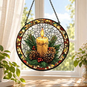 Personalized Round Stained Glass Suncatcher – Christmas Candle Pinecone Evergreen Window Hanging Home Decor Gift