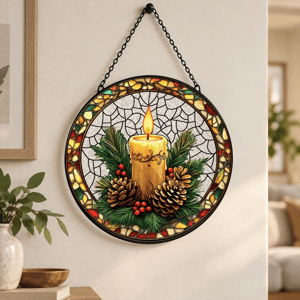 Personalized Round Stained Glass Suncatcher – Christmas Candle Pinecone Evergreen Window Hanging Home Decor Gift