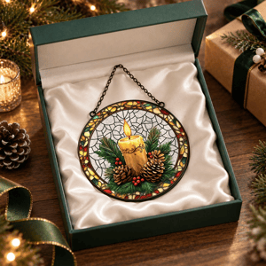 Personalized Round Stained Glass Suncatcher – Christmas Candle Pinecone Evergreen Window Hanging Home Decor Gift