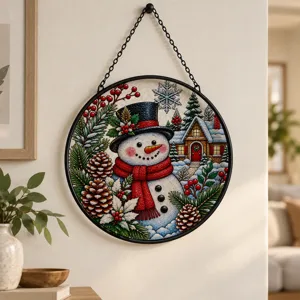 Snowman Christmas Suncatcher, Winter Stained Glass Window Hanging, Snowy Cabin Holiday Decor, Christmas Gift for Family and Friends