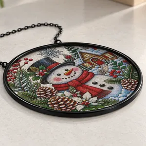 Snowman Christmas Suncatcher, Winter Stained Glass Window Hanging, Snowy Cabin Holiday Decor, Christmas Gift for Family and Friends