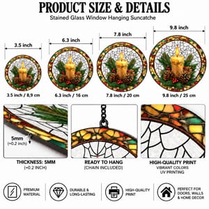 Personalized Round Stained Glass Suncatcher – Christmas Candle Pinecone Evergreen Window Hanging Home Decor Gift