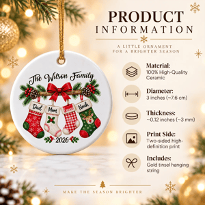 Personalized Round Ceramic Christmas Ornament Custom Name – Family Stocking Wreath Christmas Tree Keepsake Gift