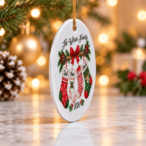 Personalized Round Ceramic Christmas Ornament Custom Name – Family Stocking Wreath Christmas Tree Keepsake Gift