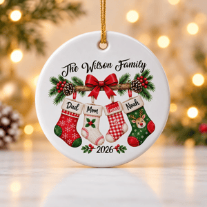 Personalized Round Ceramic Christmas Ornament Custom Name – Family Stocking Wreath Christmas Tree Keepsake Gift