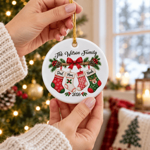 Personalized Round Ceramic Christmas Ornament Custom Name – Family Stocking Wreath Christmas Tree Keepsake Gift