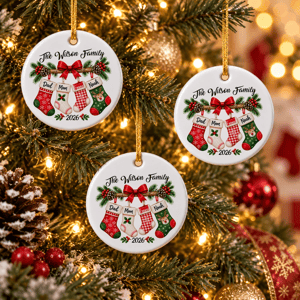 Personalized Round Ceramic Christmas Ornament Custom Name – Family Stocking Wreath Christmas Tree Keepsake Gift