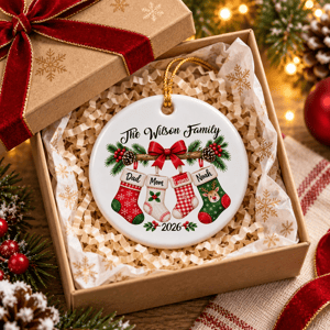 Personalized Round Ceramic Christmas Ornament Custom Name – Family Stocking Wreath Christmas Tree Keepsake Gift