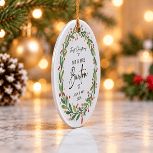 Personalized Round Ceramic Christmas Ornament Custom Names – First Christmas As Mr & Mrs Holly Wreath Couple Keepsake Gift
