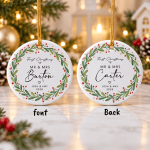 Personalized Round Ceramic Christmas Ornament Custom Names – First Christmas As Mr & Mrs Holly Wreath Couple Keepsake Gift