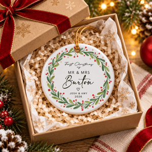 Personalized Round Ceramic Christmas Ornament Custom Names – First Christmas As Mr & Mrs Holly Wreath Couple Keepsake Gift