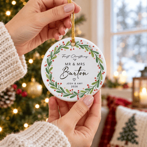 Personalized Round Ceramic Christmas Ornament Custom Names – First Christmas As Mr & Mrs Holly Wreath Couple Keepsake Gift