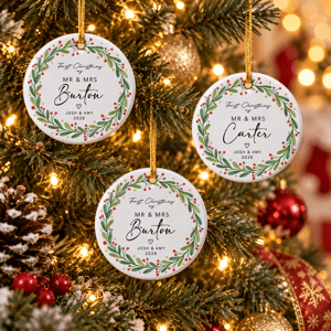 Personalized Round Ceramic Christmas Ornament Custom Names – First Christmas As Mr & Mrs Holly Wreath Couple Keepsake Gift