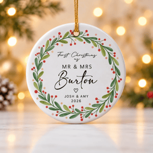 Personalized Round Ceramic Christmas Ornament Custom Names – First Christmas As Mr & Mrs Holly Wreath Couple Keepsake Gift