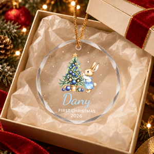 Baby's first Christmas rabbit ornament, personalized Christmas ornament with baby's name, 2026 Christmas keepsake for baby, gift ornament for a grandchild.