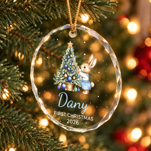 Baby's first Christmas rabbit ornament, personalized Christmas ornament with baby's name, 2026 Christmas keepsake for baby, gift ornament for a grandchild.