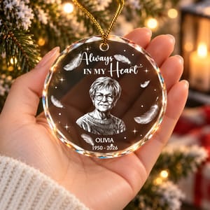 Custom Photo Always In My Heart – Personalized Memorial Glass Christmas Ornament