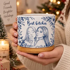 Custom Photo Best Bitches Pencil Sketch – Personalized Ceramic Plant Pot Gift