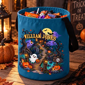 Personalized Halloween Candy Bag Custom Name Haunted House, Witch Character Trick Or Treat Bag