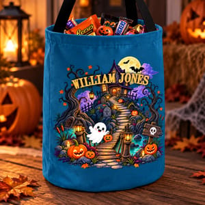 Personalized Halloween Candy Bag Custom Name Haunted House, Witch Character Trick Or Treat Bag