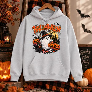 Spooky Cute Halloween Ghost Cat Pumpkins T-Shirt, Retro Halloween Party Tee, Cute Ghost Witch Hat Shirt
