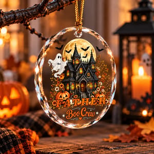 Personalized Halloween Glass Ornament Custom Family Characters With Names, Family Boo Crew Haunted House Pumpkin Ornament