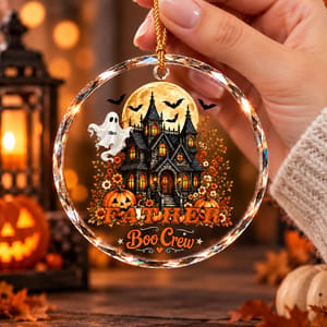 Personalized Halloween Glass Ornament Custom Family Characters With Names, Family Boo Crew Haunted House Pumpkin Ornament