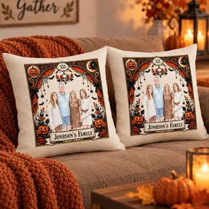 Vintage Haunted Pumpkin Throw Pillow - Personalized Family Halloween Pillow Custom Portrait And Name