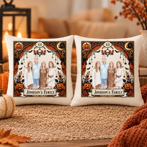 Vintage Haunted Pumpkin Throw Pillow - Personalized Family Halloween Pillow Custom Portrait And Name