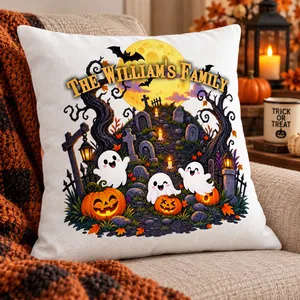 Spooky Ghost Pumpkin Graveyard Cushion - Personalized Family Halloween Throw Pillow Custom Name And Background