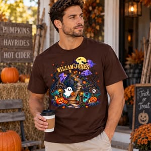Custom Halloween T-Shirt Personalized Name And Background, Spooky Haunted House Ghost Pumpkin Shirt