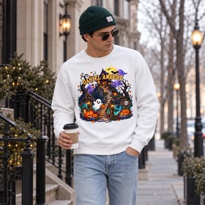 Custom Halloween Sweatshirt Personalized Name And Background, Haunted House Moonlight Ghost Pumpkin Crewneck