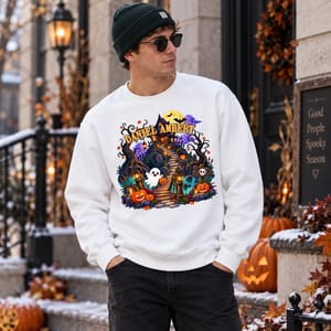 Custom Halloween Sweatshirt Personalized Name And Background, Haunted House Moonlight Ghost Pumpkin Crewneck