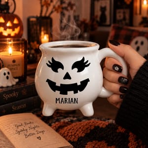 Personalized Pumpkin Face Cauldron Mug – Custom Name Halloween Pottery Coffee Cup