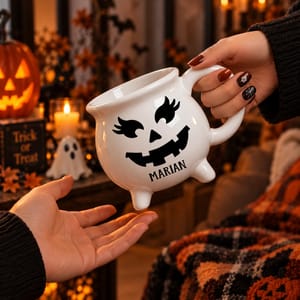 Personalized Pumpkin Face Cauldron Mug – Custom Name Halloween Pottery Coffee Cup