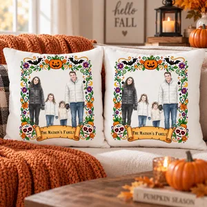 Personalized Family Halloween Throw Pillow Custom Portrait - The Family Name Pillow With Pumpkin Skull Design