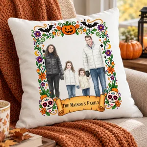 Personalized Family Halloween Throw Pillow Custom Portrait - The Family Name Pillow With Pumpkin Skull Design